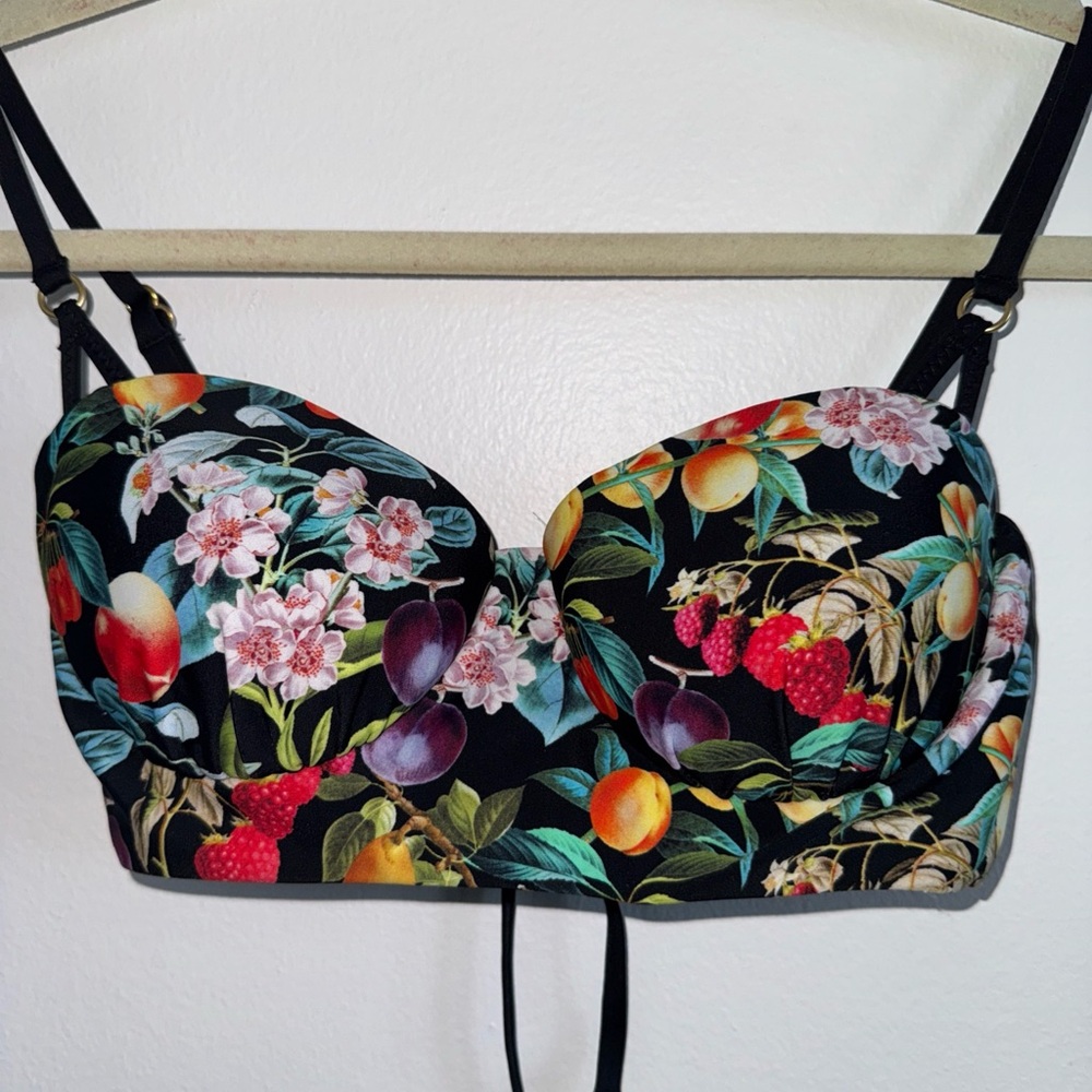 NWOT Nanette Lepore Black Bikini with Floral and Fruit Print sz S